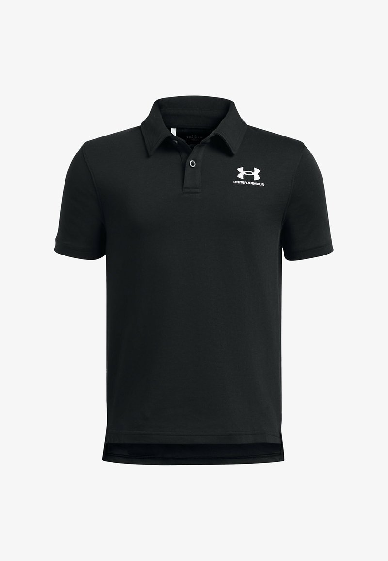 Čierne polo tričko z hladkej zmesovej bavlny s klasickým golierom, krátkymi rukávmi a bielym logom Under Armour na ľavej hrudi.