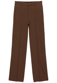 Pantalon large marron en tissu lisse, avec devant plat, passants pour ceinture et deux plis verticaux pour plus de détails.