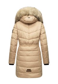 Padded beige coat with a fur-lined hood, chevron quilting, elastic waist detail, and black sleeve cuffs. Features a branded label.