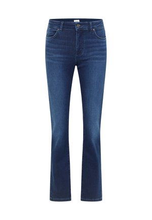 Jeans dritti a vita alta blu scuro con tasche frontali, passanti per cintura, chiusura con bottone e leggere scoloriture sulle cosce e sulle ginocchia.
