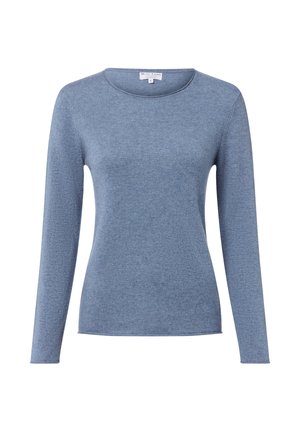 Maglione a maniche lunghe blu chiaro in maglia con scollo rotondo, silhouette aderente e piccolo etichetta all'interno del colletto.