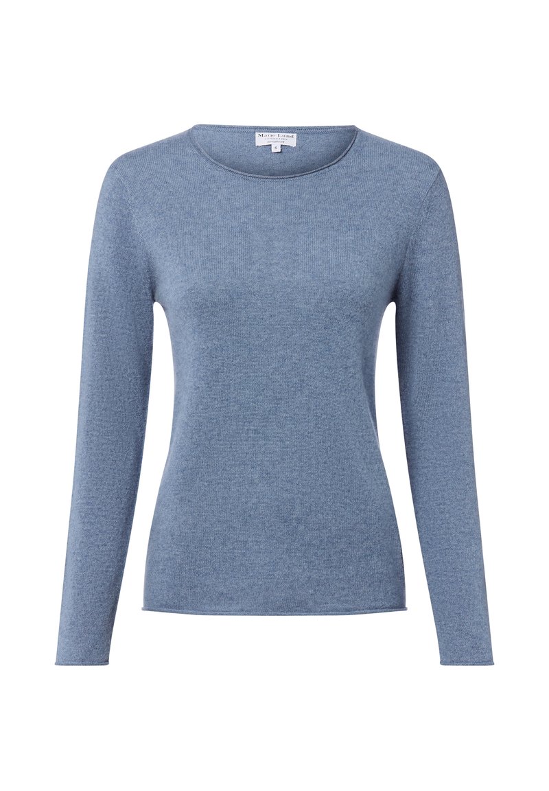 Pull en tricot à manches longues bleu clair avec un col rond, une silhouette ajustée et une petite étiquette à l'intérieur du col.