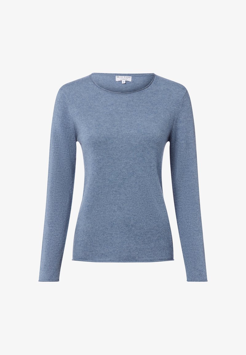 Jasnoniebieski sweter z długim rękawem, dzianinowy, z okrągłym dekoltem, dopasowany w kroju, z małą metką wewnątrz kołnierza.