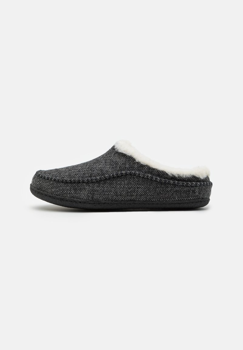 Pantufla de slip-on de espiga en gris oscuro con forro de pelo sintético blanco y suela negra, vista de lado sobre un fondo liso.