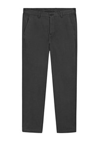 Dark gray pants made from a soft fabric, featuring a straight leg design, front pockets, and a button closure at the waist.