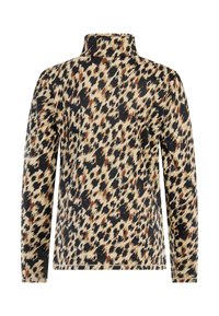 Halenka s dlhým rukávom v leopardom vzore s vysokým golierom, vyrobená z mäkkej látky v kombinácii béžovej, čiernej a hnedej farby s hladkou textúrou.