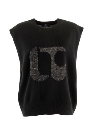 Maglione senza maniche nero con scollo rotondo e fondo a costine. Presenta un logo metallico argento fuzzy sulla parte anteriore. Tessuto morbido al tatto.