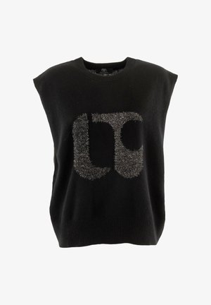 Zwarte mouwloze trui met een ronde halslijn en geribbelde zoom. Beschikt over een pluizig metallic zilver logo aan de voorkant. Zachte stoftextuur.