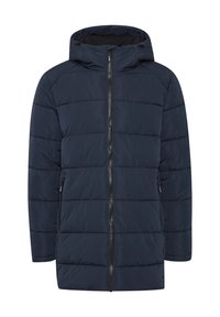 Marineblaue Puffjacke mit Kapuze, ausgestattet mit horizontal gearbeiteten Paneelen, einem zentralen Reißverschluss und zwei Vorderaschen. Weicher, gesteppten Textur.