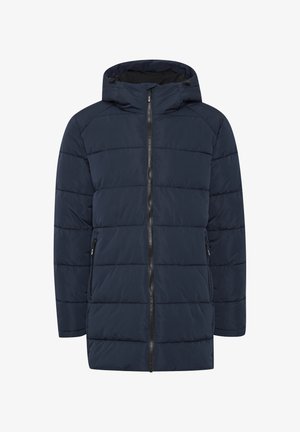 Marineblå boblejakke med hette, med horisontale sømmer, en sentral glidelås og to frontlommer. Myk, quiltet tekstur.