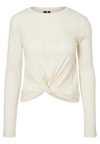 Maglia a maniche lunghe color crema con design frontale intrecciato e texture a coste, collo rotondo e tessuto morbido.