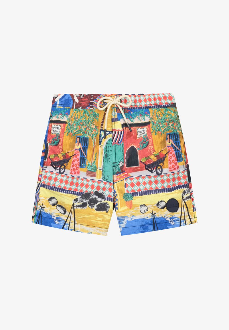 Farby plavky s živou pobrežnou scénou a mnohými farebnými vzormi, s nastaviteľným pásom na šnúrku a čiernou nášivkou loga.