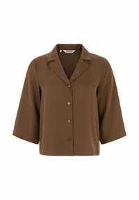 Camicia marrone a maniche corte con colletto a revers, caratterizzata da un design semplice e un tessuto liscio e strutturato. I bottoni sono di un marrone chiaro.