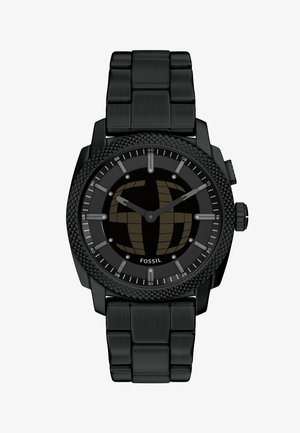 Montre-bracelet Fossil en acier inoxydable noir avec lunette texturée, bracelet à maillons, et cadran rond avec un design de globe réfléchissant affichant 10h10.