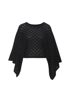 Schwarzer gestrickter Poncho mit rundem Lochmuster und weiten, drapierten Ärmeln, auf weißem Hintergrund präsentiert.