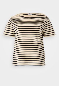 Striped t-shirt made of soft fabric, featuring horizontal cream and navy stripes, round neckline, short sleeves, and button details at shoulder.