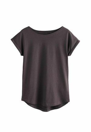 Dark gray short-sleeve t-shirt with a wide neck, rounded hem, and soft fabric. Rolled sleeves feature a subtle stitch detail.