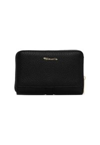 Black textured leather wallet with gold "Tamaris" logo, zipper closure, and a subtle accent band across the bottom.