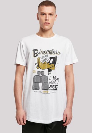 White cotton T-shirt featuring a cartoon duck graphic, binoculars illustration, and text reading "I like what I see" in bold fonts.