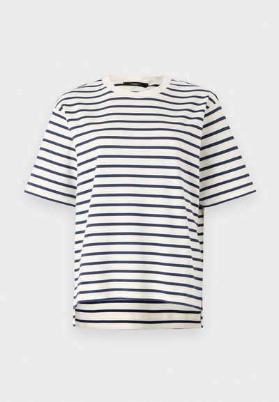 Gestreept T-shirt met marineblauwe horizontale strepen op een crèmekleurige achtergrond, korte mouwen en een ronde halslijn met een rechte zoom.