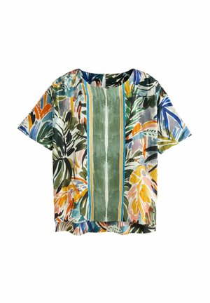 Blouse à manches courtes avec imprimé feuilles tropicales multicolores et rayures verticales vertes, bleues et beiges au centre.