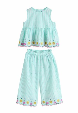 Light blue striped sleeveless top and pants set with elastic waist, featuring colorful floral embroidery and scalloped edges.