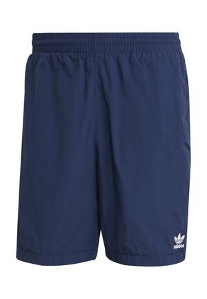 Donkerblauwe Adidas short met elastische tailleband, lichtgewicht stof en een klein wit Adidas-logo op het onderste linkerbeen.