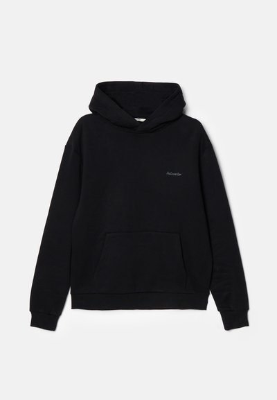 Black hoodie made of soft fabric, featuring a front pocket, drawstring hood, and subtle embroidered logo on the chest. Classic pullover design.
