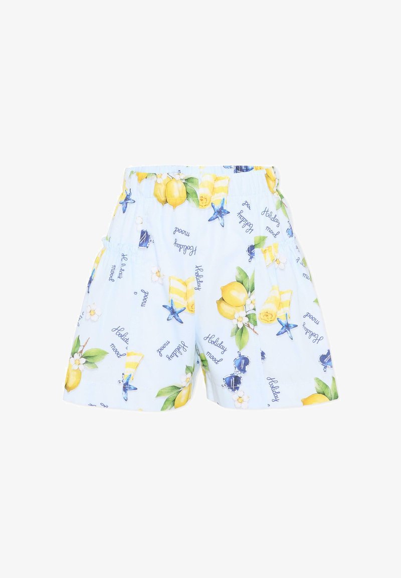 Shorts bleu clair avec taille élastique, ornés de motifs de citrons jaunes, étoiles de mer, fleurs, lunettes de soleil et texte « Mood des vacances ».