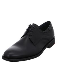 Schwarzes Lederschuh mit glatter Oberfläche, abgerundeter Spitze, Schnürdesign und niedrigem Absatz. Verfügt über dezente Steppnähte.