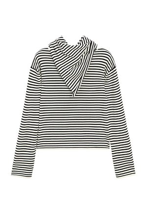 Un hoodie cropped à manches longues à rayures noires et blanches avec capuche à cordon de serrage, présentant une texture douce et un motif contrasté.