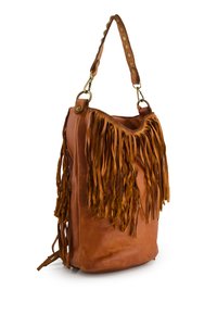 Braune Lederhandtasche mit Fransenverzierungen, strukturiertem Finish und einem Schultergurt mit metallischen Akzenten und Nieten.