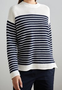 Maglione a righe navy e bianco in tessuto a maglia con scollatura a girocollo a coste e tessuto testurizzato. Presenta maniche lunghe e una vestibilità rilassata.
