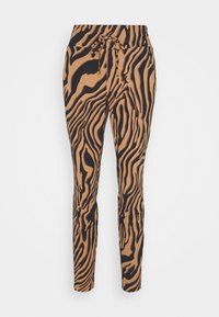 Pantalons à imprimé léopard en marron et noir, avec une taille élastique à cordon de serrage, coupe slim et texture lisse.