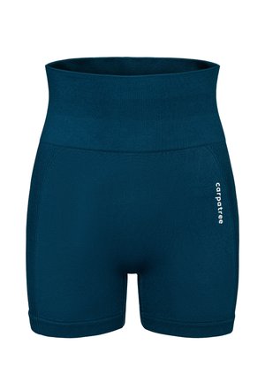Shorts de sport taille haute en teal fabriqués dans un tissu extensible, avec une taille côtelée et un petit logo blanc sur le côté.
