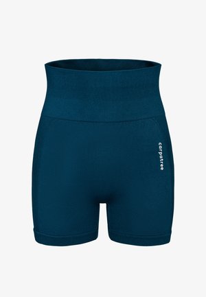 Zili augsta vidukļa sporta šorti teal krāsā, izgatavoti no elastīga auduma, ar ribotu vidukli un nelielu baltu logotipu sānos.