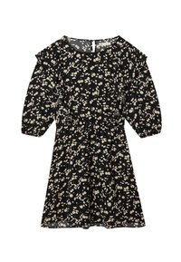 Robe noire à fleurs avec manches courtes bouffantes, dotée d'une taille cintrée et d'une jupe évasée. Le tissu présente de petits motifs floraux blancs et jaunes.