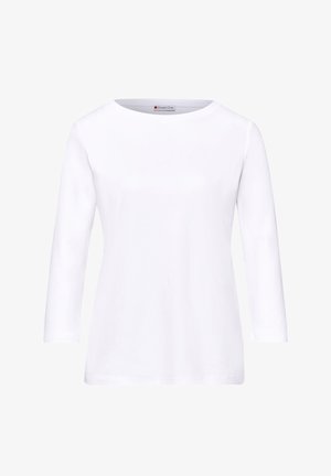 T-shirt blanc à manches longues avec un col rond et un ourlet droit, étiqueté "Street One" à l'intérieur du col.