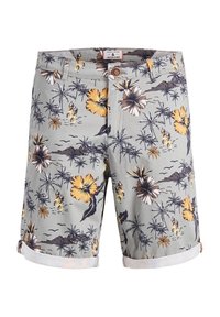 Pánské šedé šortky s tropickým květinovým vzorem v žluté a hnědé barvě. Mají ohrnuté manžety a hnědé zapínání na knoflík.