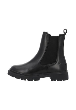 Bottines Chelsea en cuir noir avec panneaux latéraux élastiques, semelle en caoutchouc et une languette à l'arrière. Elles ont une finition lisse et une excellente adhérence.