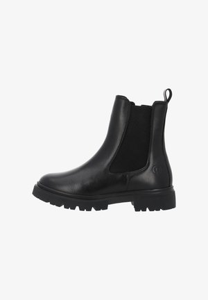 Bottines Chelsea en cuir noir avec panneaux latéraux élastiques, semelle en caoutchouc et une languette à l'arrière. Elles ont une finition lisse et une excellente adhérence.