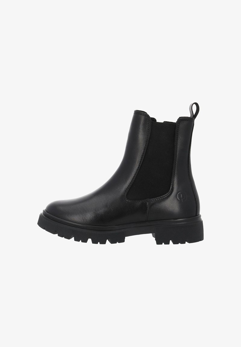 Botas Chelsea de cuero negro con paneles laterales elásticos, suela de goma y una lengüeta en la parte trasera. Presentan un acabado suave y un agarre resistente.