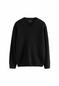 Sort strikket sweater med v-halsdesign, der har ribbet tekstur og lange ærmer, hvilket giver en løs pasform. Velegnet til afslappet brug.