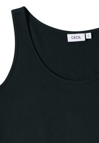 Svart bomullstopp med rund halsringning, med en slät textur och smal passform. Etiketten visar "CECI" med storlek liten.