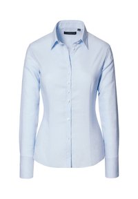 Jasnoniebieska koszula z długim rękawem, wykonana z gładkiego materiału. Posiada kołnierzyk oraz dopasowany krój, a także białe guziki.