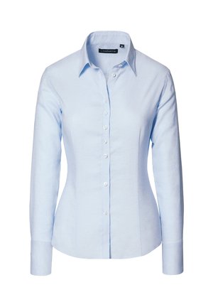 Jasnoniebieska koszula z długim rękawem, wykonana z gładkiego materiału. Posiada kołnierzyk oraz dopasowany krój, a także białe guziki.