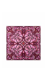 Tessuto decorativo con un motivo floreale simmetrico nelle tonalità di rosa e bordeaux; texture liscia e dettagli intricati in tutto.