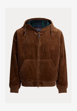 Braune Cordjacke mit Reißverschluss, ausgestattet mit einer gefütterten Kapuze, Fronttaschen und einem karierten Innenfutter. Rippstrickbündchen und Saum.