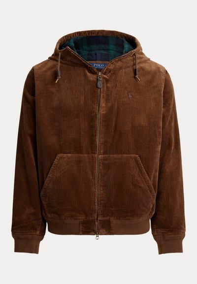 Brun kordfløjl zip-up hættejakke med fleece-foret hætte, frontlommer og et ternet indvendigt for. Ribbet kant og søm.