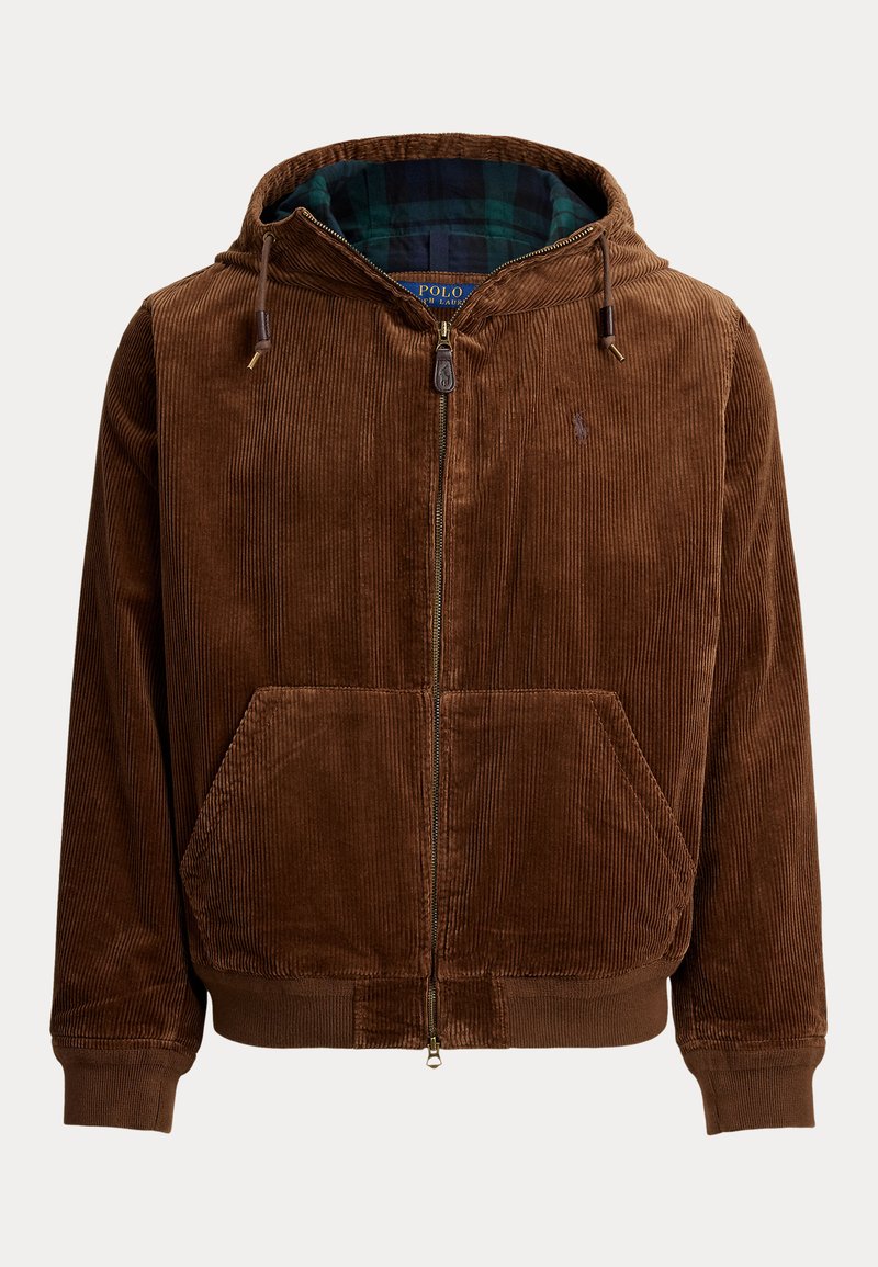 Felpa con zip in corduroy marrone, dotata di cappuccio foderato in pile, tasche frontali e rivestimento interno a quadri. Polsini e orlo a costine.
